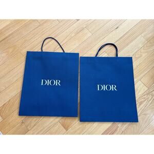 Set of TWO Dior Men's Blue and Silver Text Paper Shopping Bags 18x15